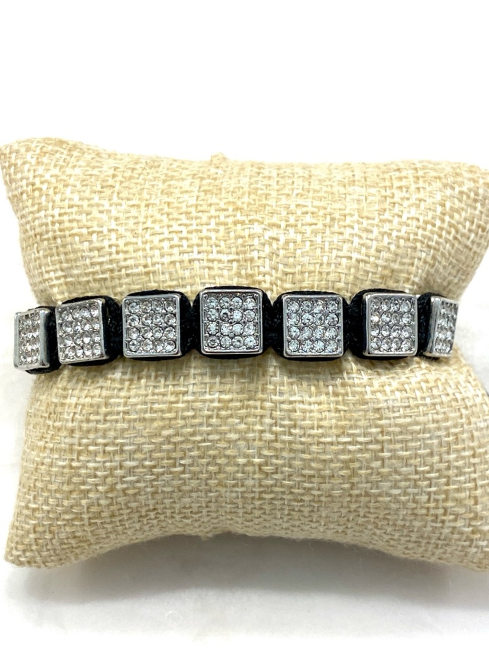 Rhinestone Square Bead Adjustable Bracelet - Silver and Black